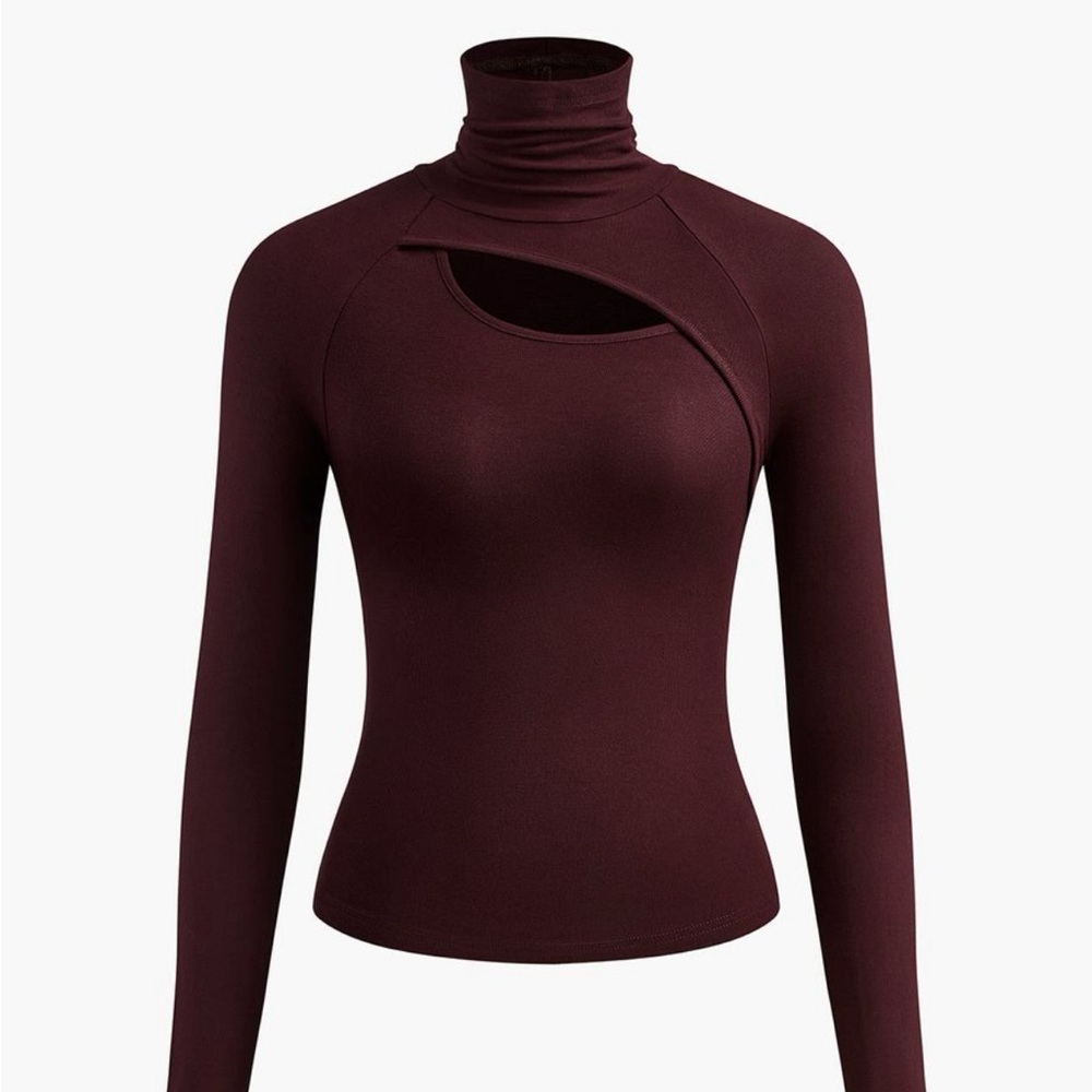 Commense Asymmetric Cut-Out Turtleneck Long Sleeve Top
